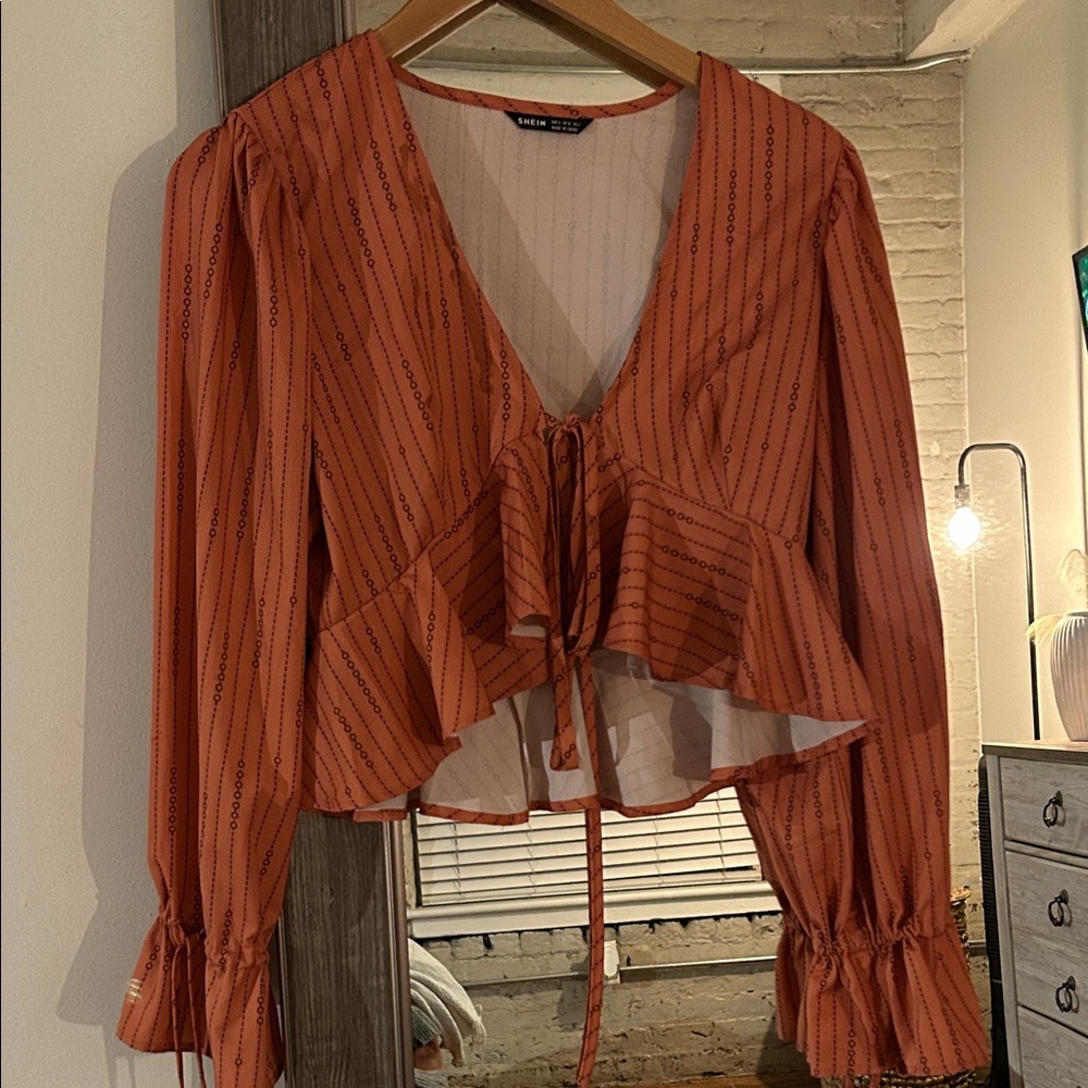 SHEIN Orange Ruffled Blouse with Stripes